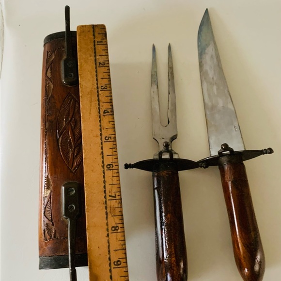 Vintage Hand Carved Wood and Brass Meat Carving Set Knife/Fork Made In India - Picture 3 of 9